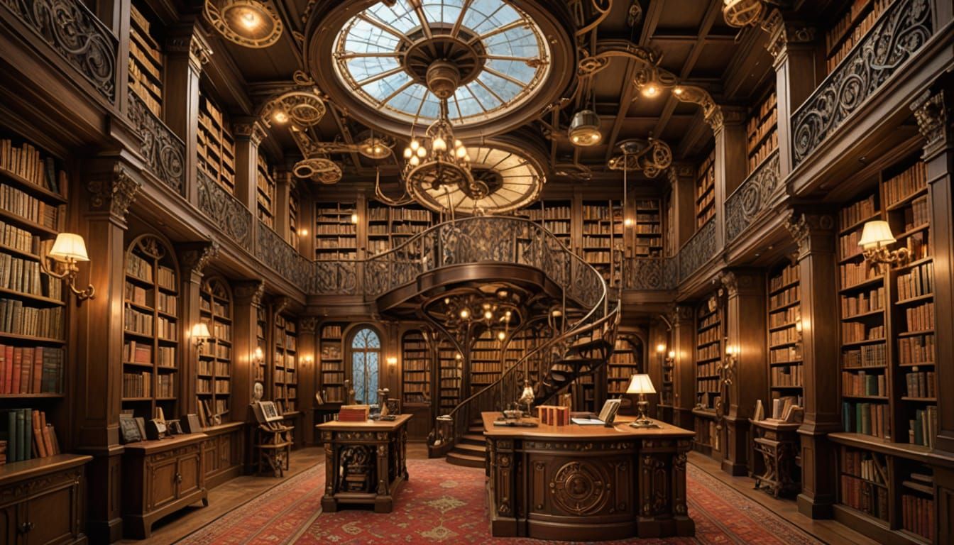 Steampunk Library of Floating Tomes and Clockwork Librarians