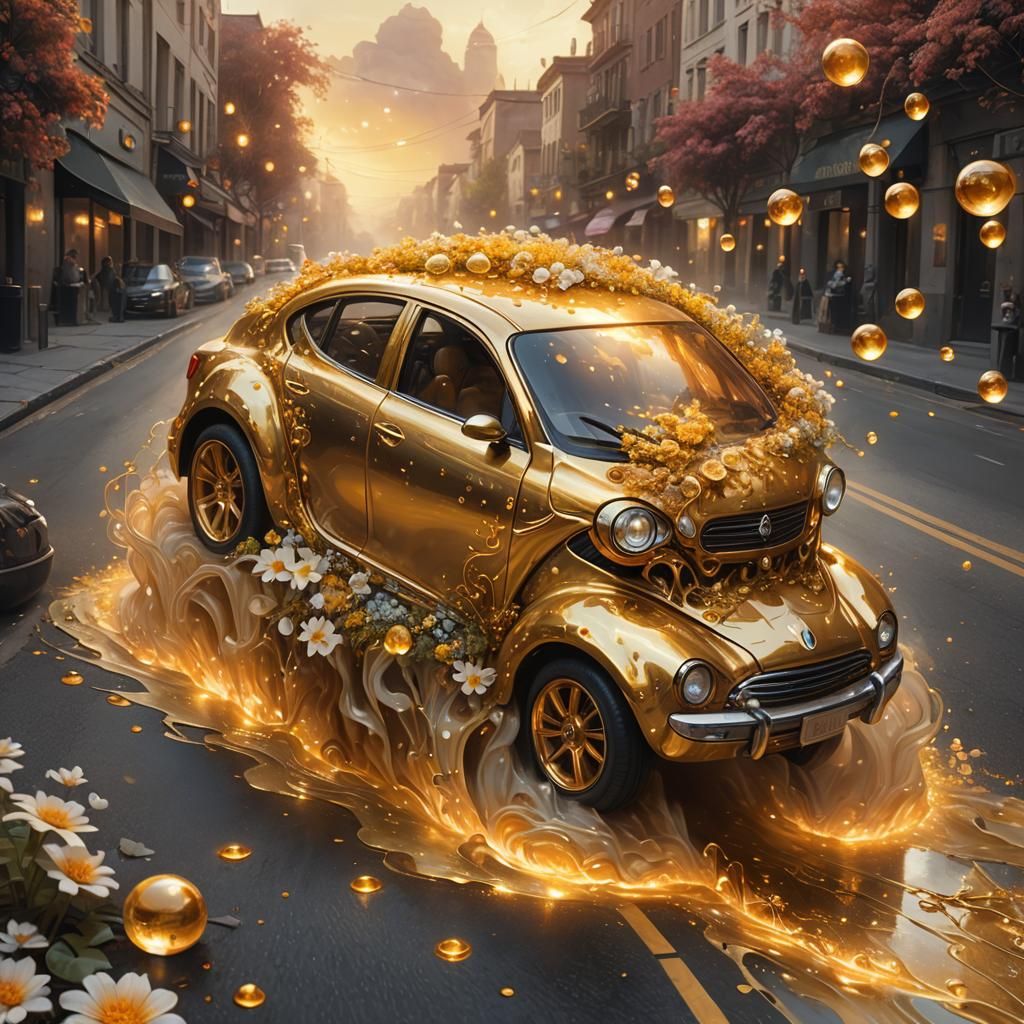 Surreal Golden Car with Crystalline Floral Wheels
