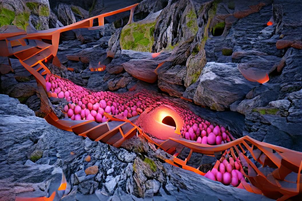 Glowing Egg House Gangway Between Lava Rivers