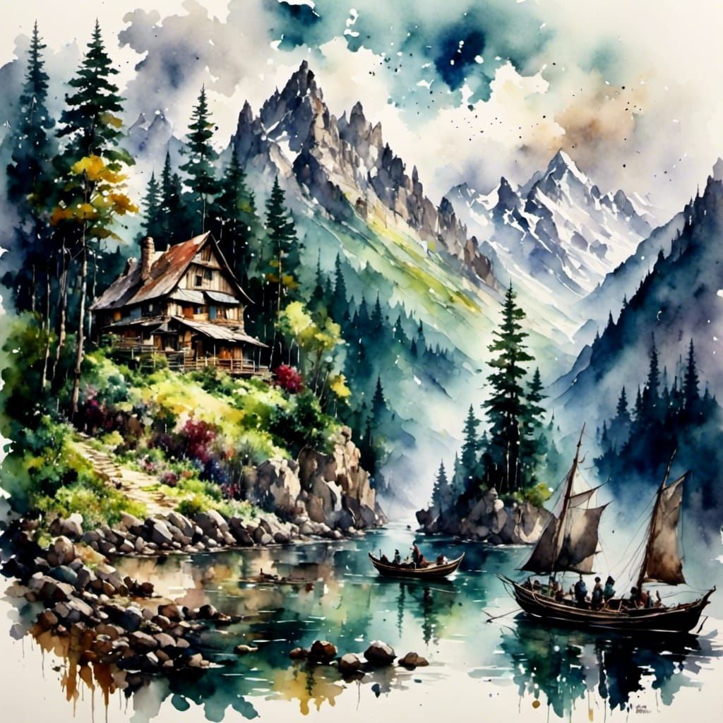 Antique Watercolor Mountainous Vista