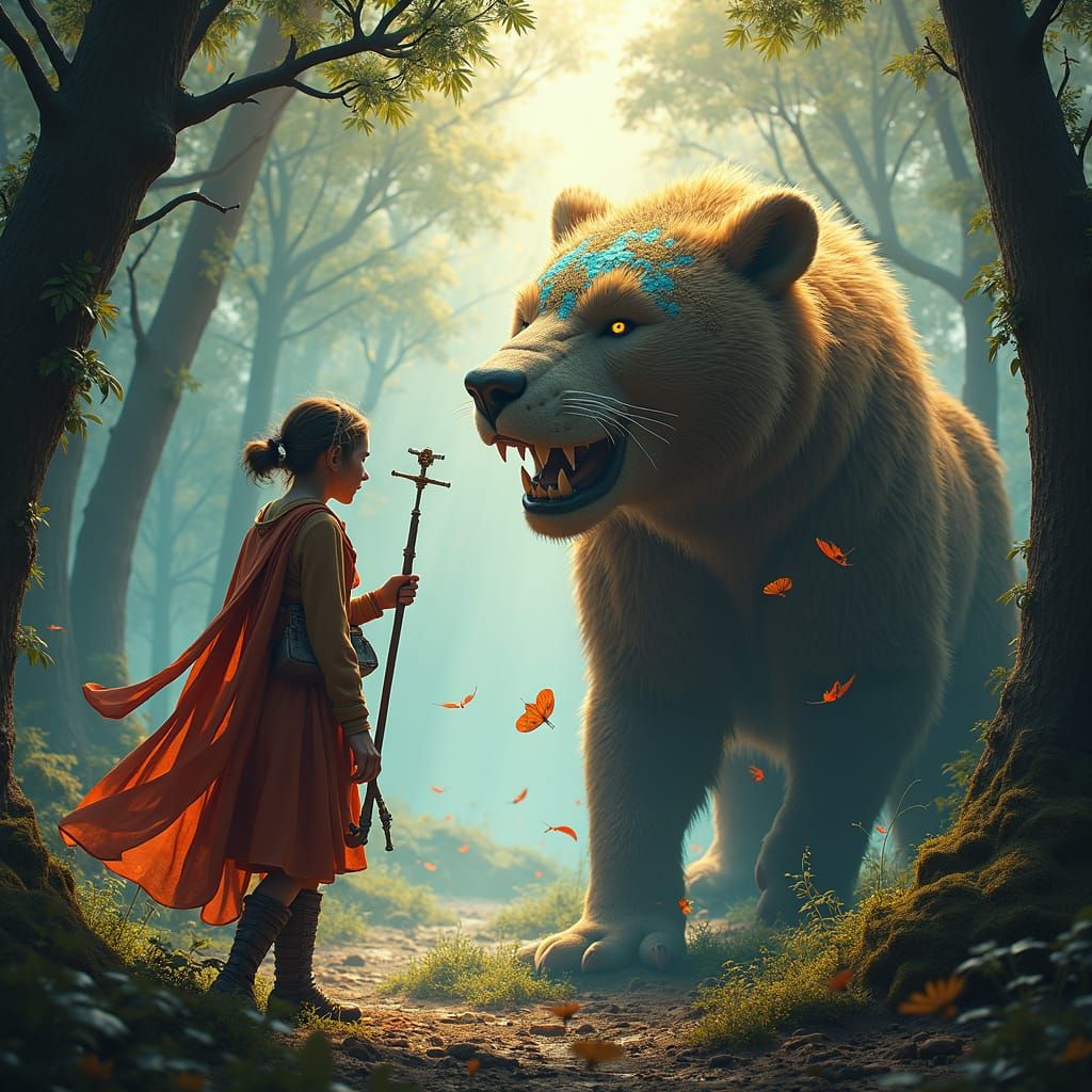 Steampunk Persian Fisherwoman and Bear in Forest Light