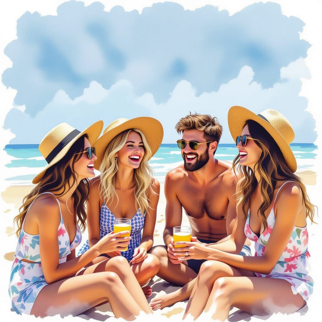 People Laughing on Sunny Beach in Watercolor Style