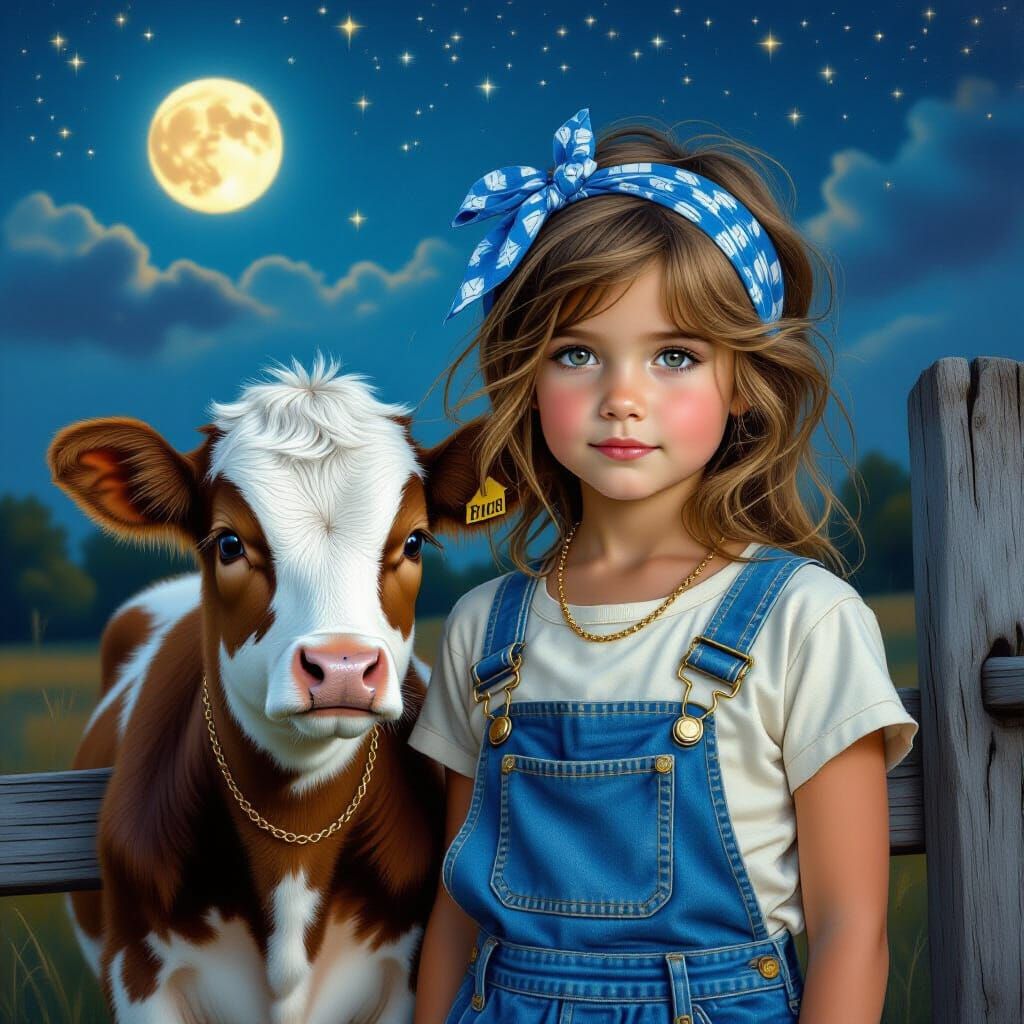 Girl and Calf Under Starry Night Sky