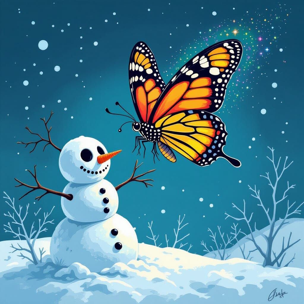 Butterfly and Snowman in Whimsical Illustration