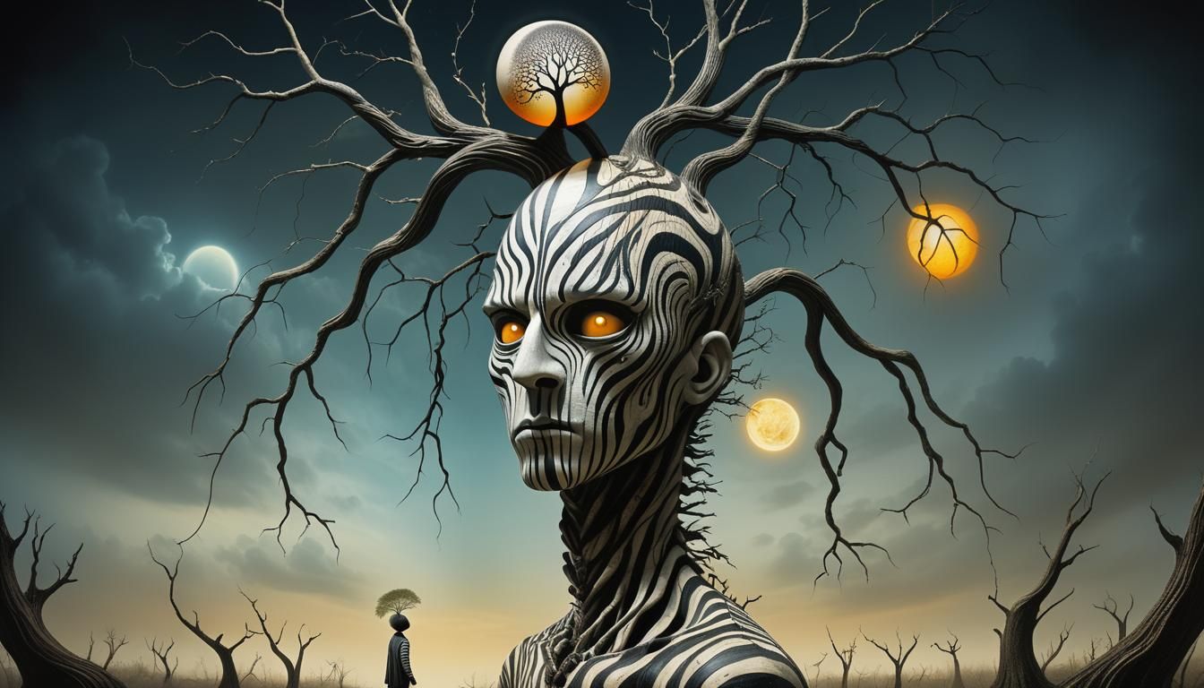 Enigmatic Figure with Zebra Tree