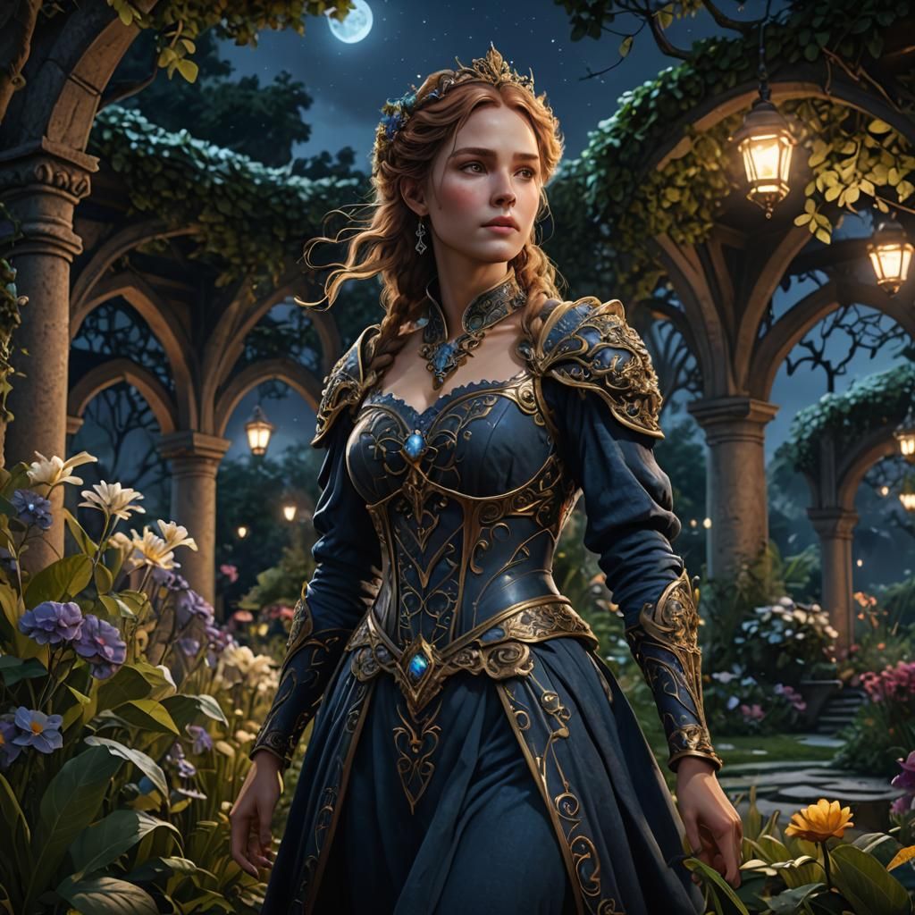 Majestic Maiden in a Fantastical Night Garden