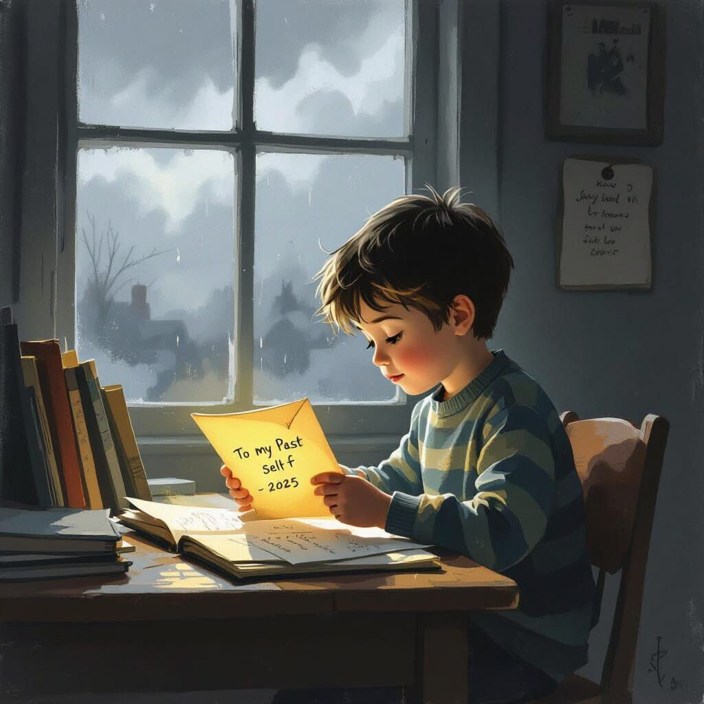 Boy Discovers Future Letter in Nostalgic Illustration Style