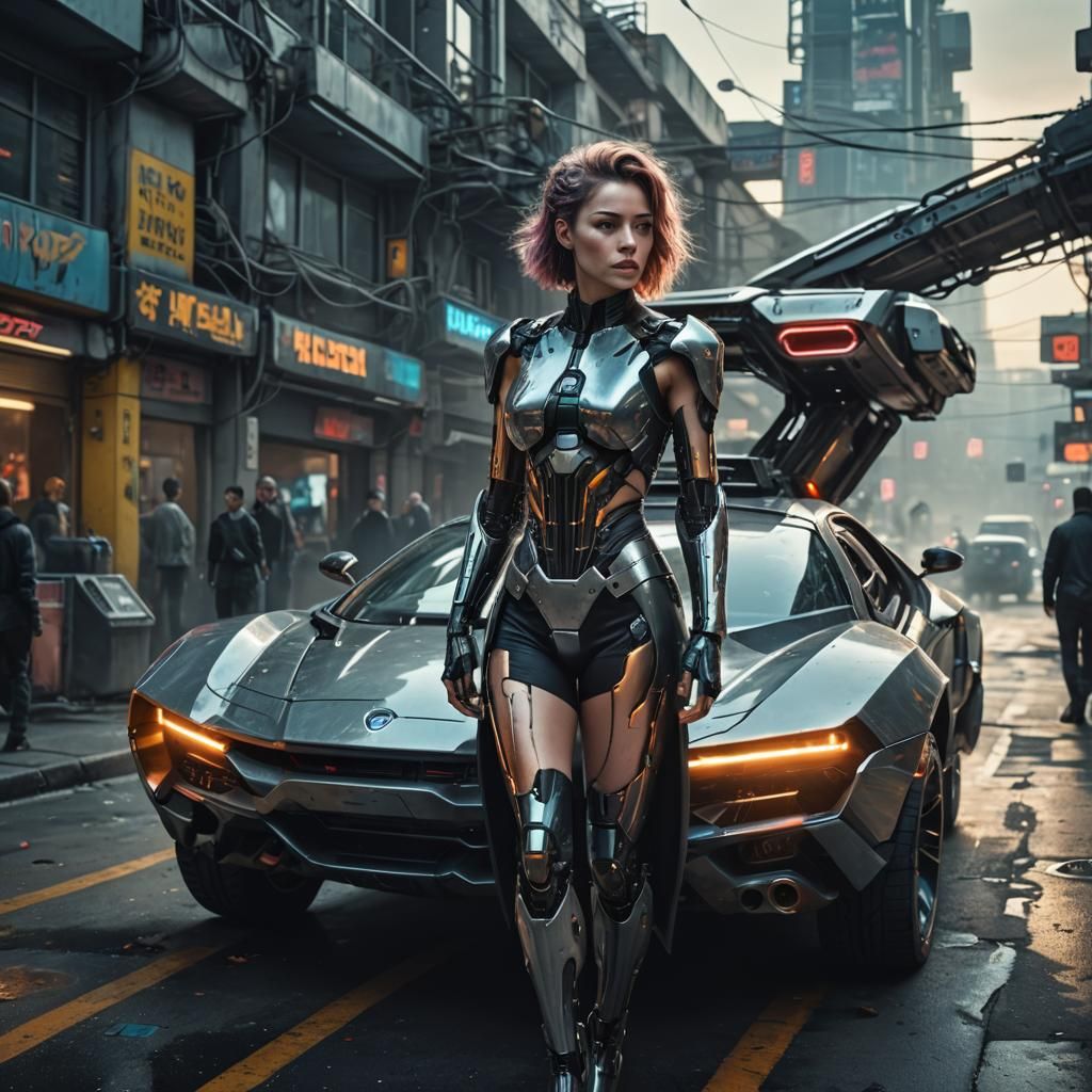 Cyberpunk Cyborg Emerges from Hover Car