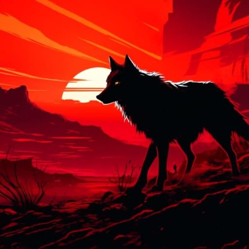 Lone Wolf in Post-Apocalyptic Wasteland Sunset