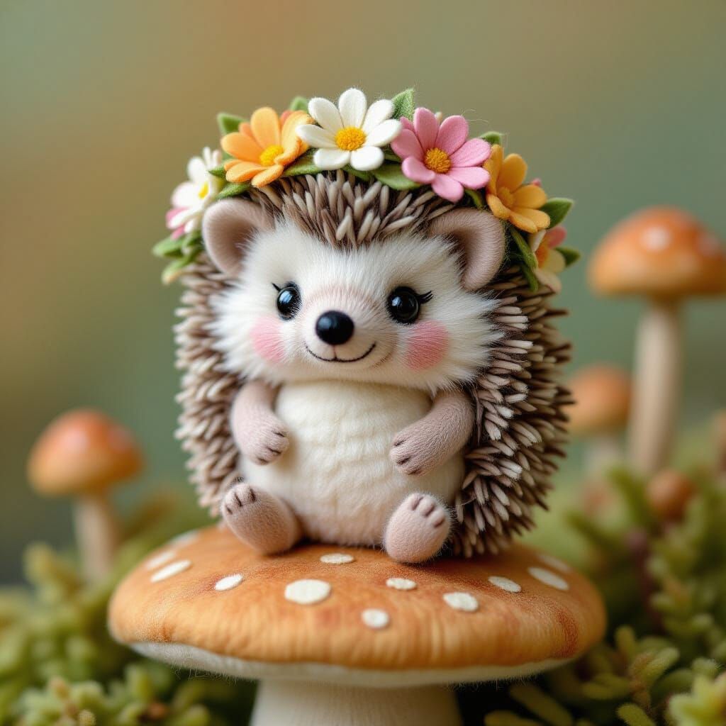 Felted Hedgehog with Flower Crown in Potter Style