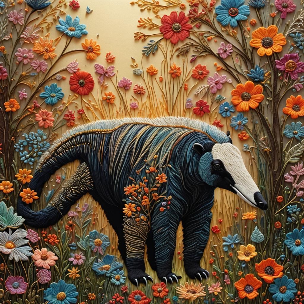 Glittery Embroidered Anteater in Floral Sunset