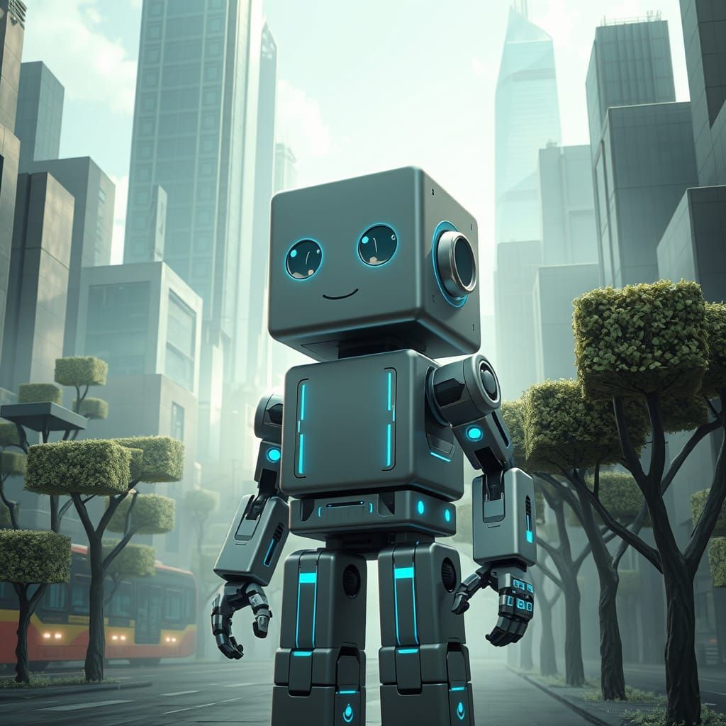 Square Robot in Futuristic Cityscape