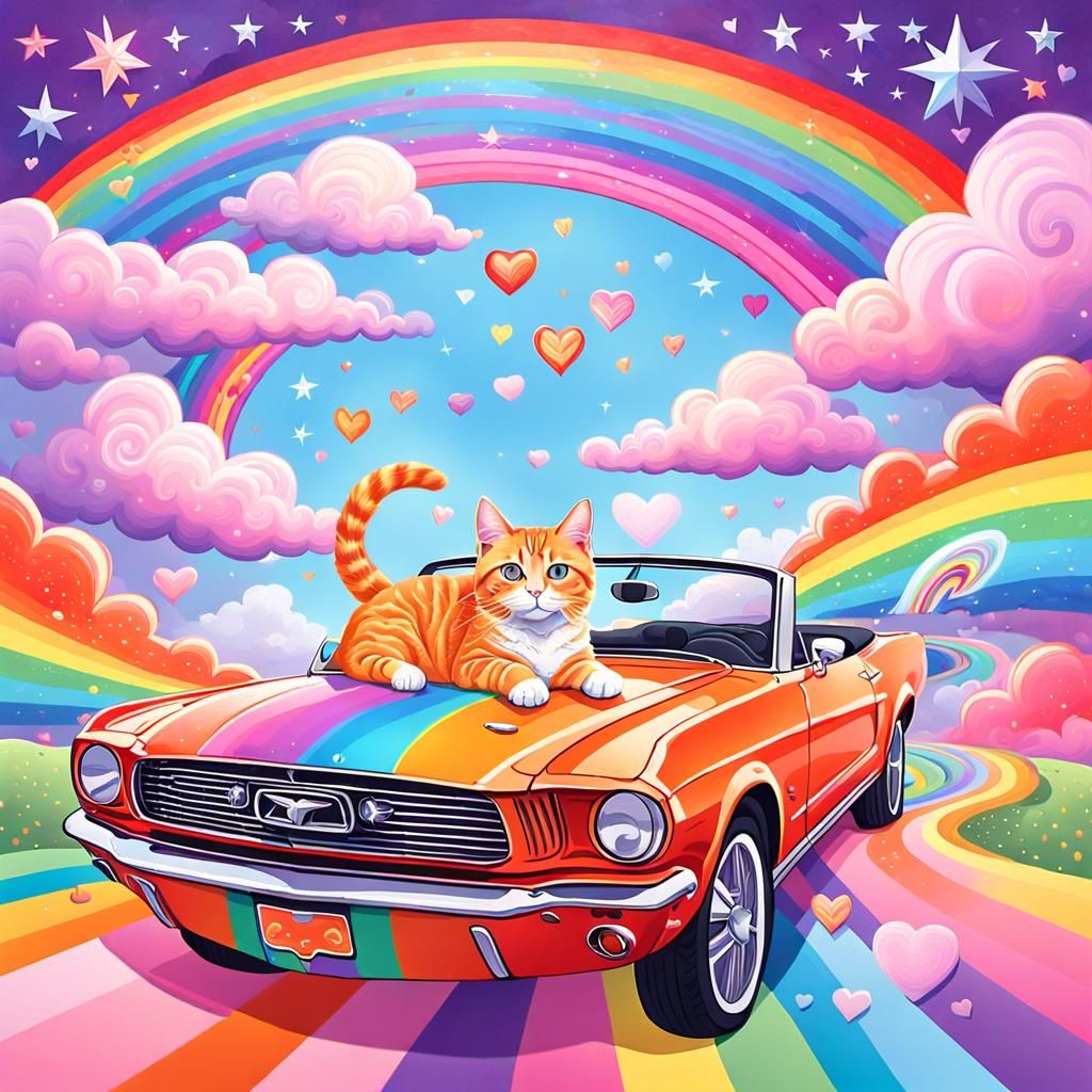 Psychedelic Cat Drives Rainbow Road in Impressionist Style