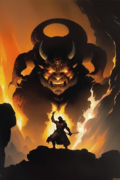 Fiery Balrog in Dark Cave, Oil Painting Style