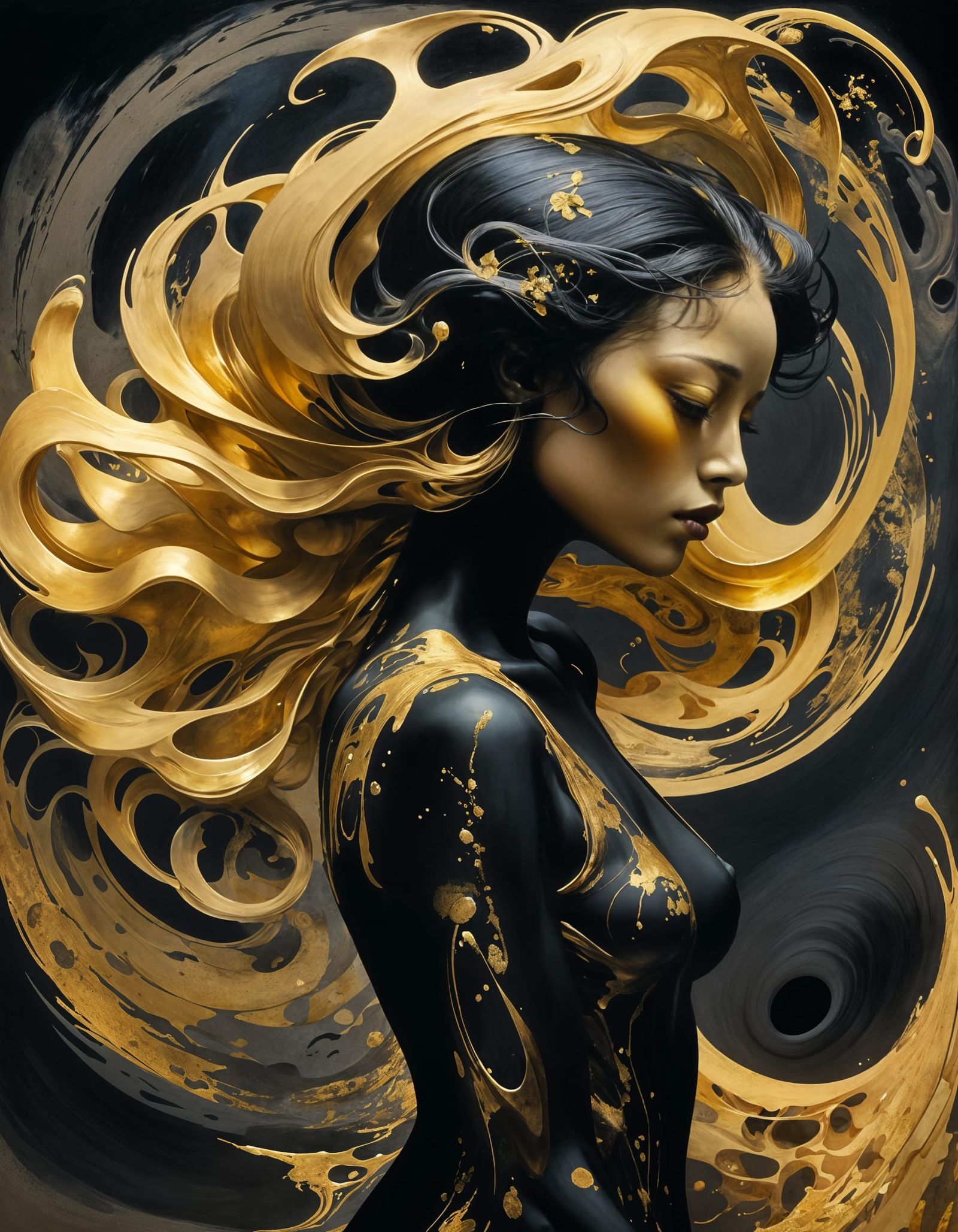 Macabre Metamorphosis Figure in Matte Black and Golden Hues