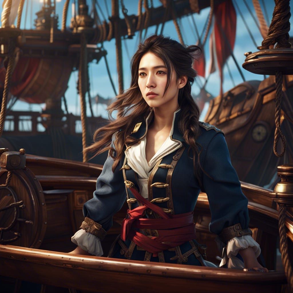 Korean Pirate Girl Captain on Ship: Digital Art