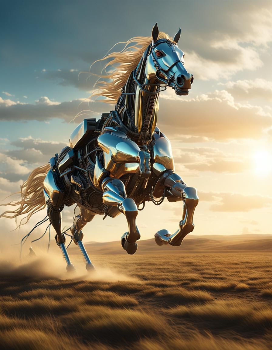 Android Horse Runs Across Field: Sci-Fi Concept Art