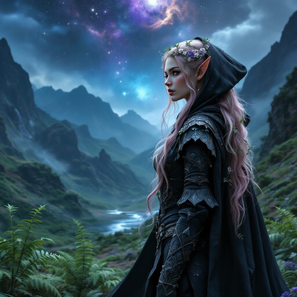 Starry Night Fae Bard in Lush Fantasy Forest