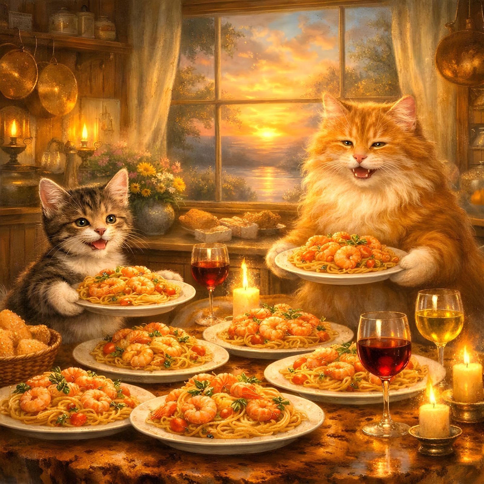 Cats Serve Shrimp Spaghetti in Cozy Kitchen