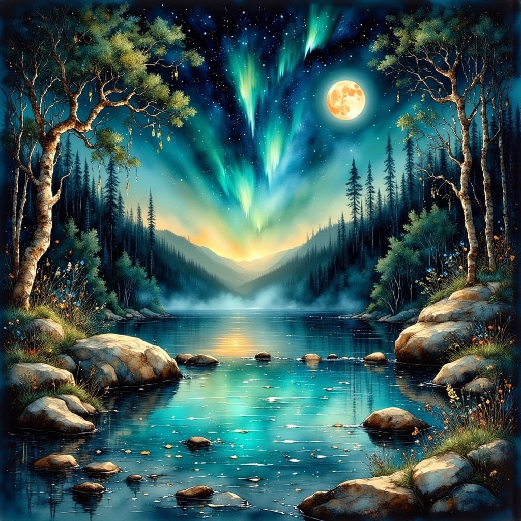 Bioluminescent Hot Springs in Gouache Style