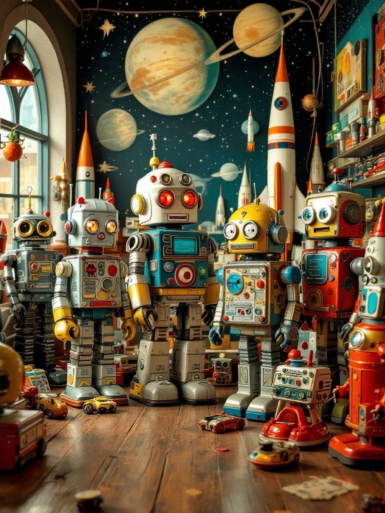 Vintage Space Toys in a Retro-Futuristic Tin Toy Shop