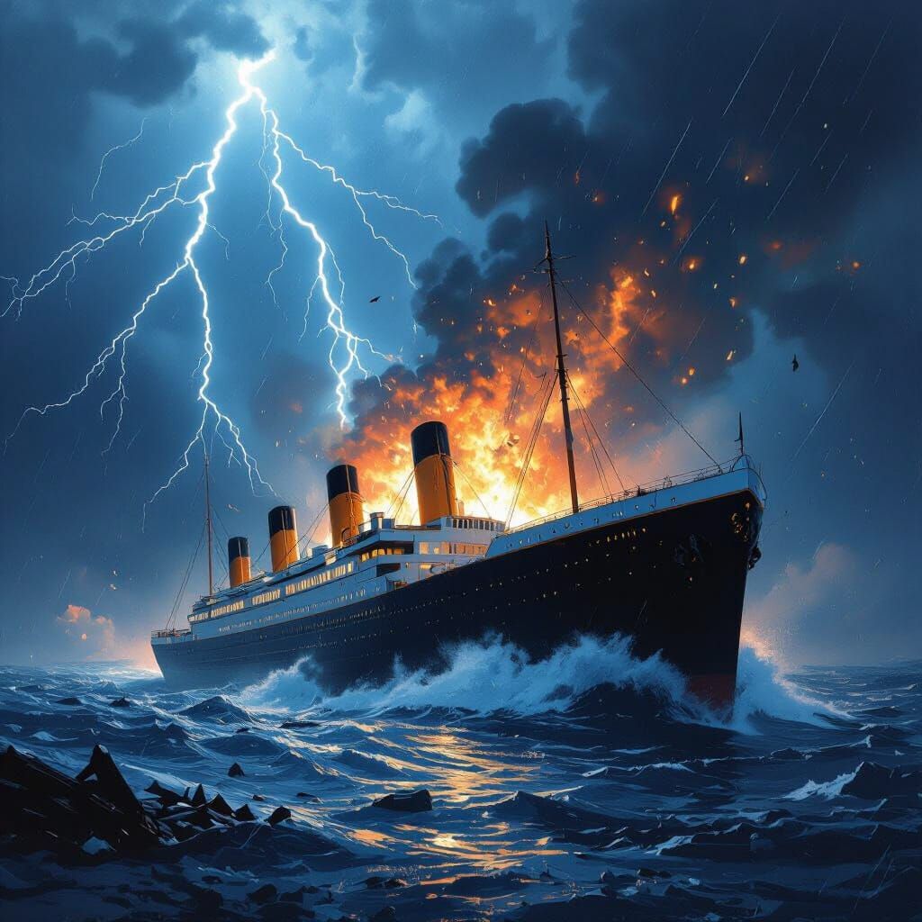Titanic Collision in Lightning Storm