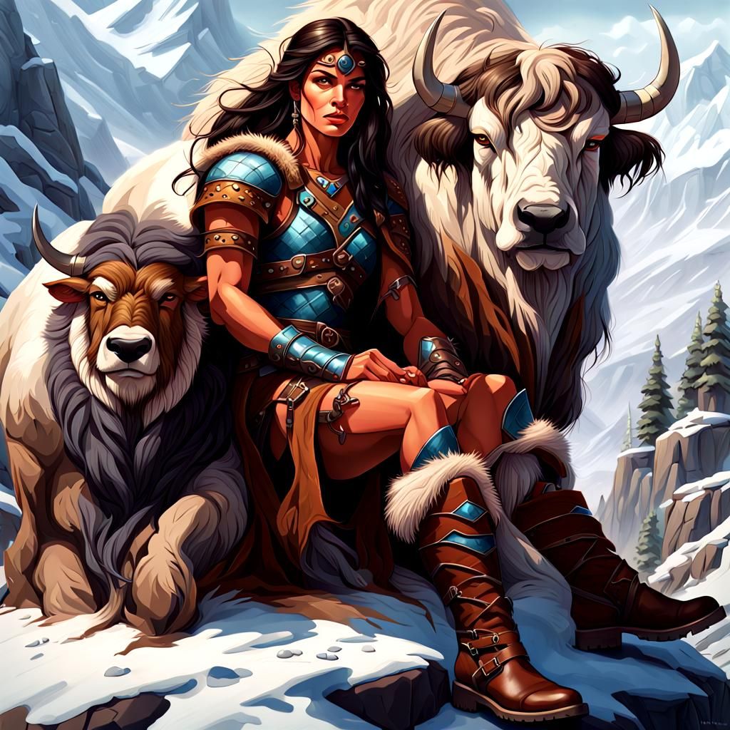 Barbarian Warrioress Sleeps Next to Yak