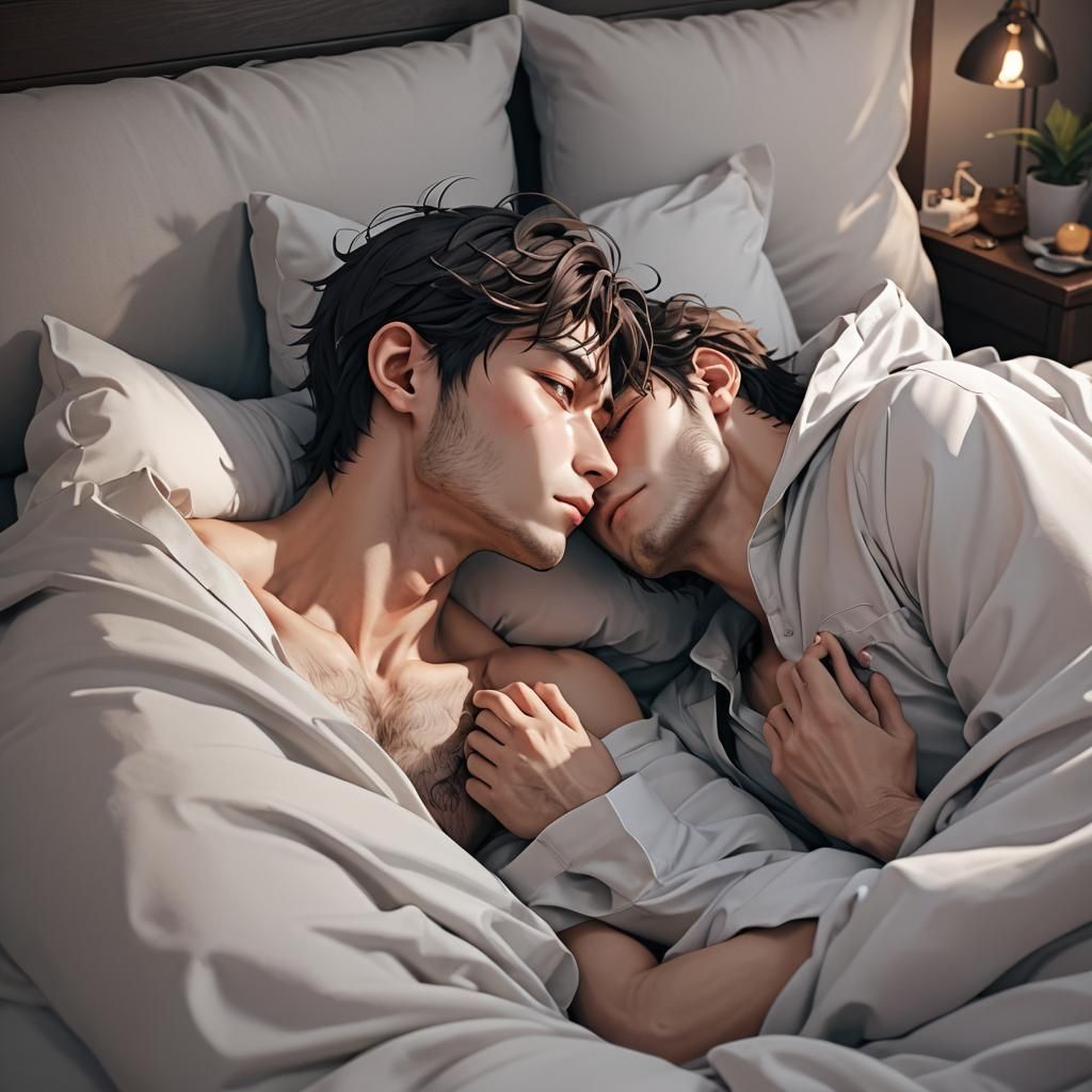 Two Men Kissing in Bed: 3D Anime Art