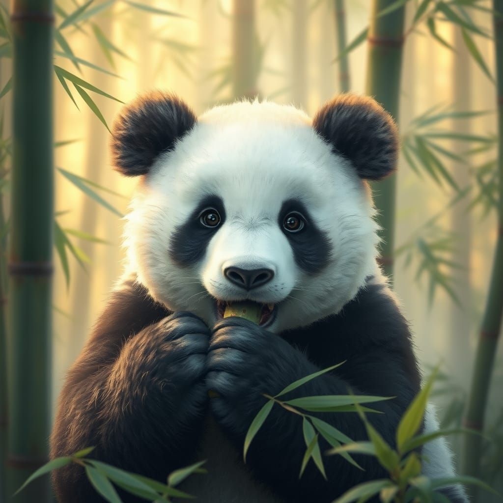 Gentle Giant Panda in Misty Bamboo Forest