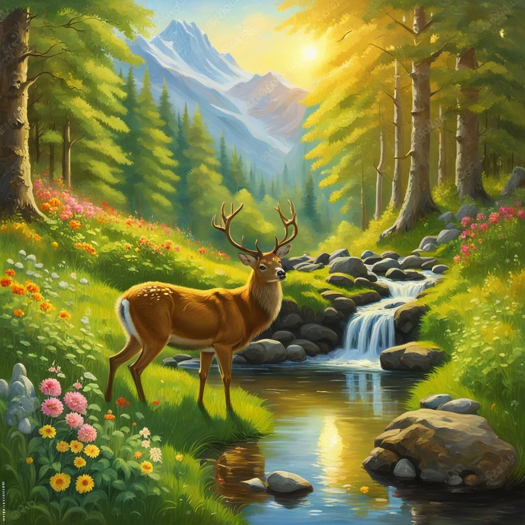 Lush Norwegian Forest Stream with Deer, Oil Painting