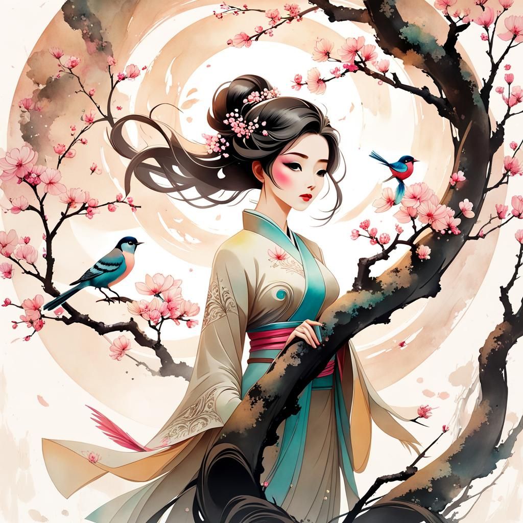 Goddess, Bird, and Tree in Double Exposure Art