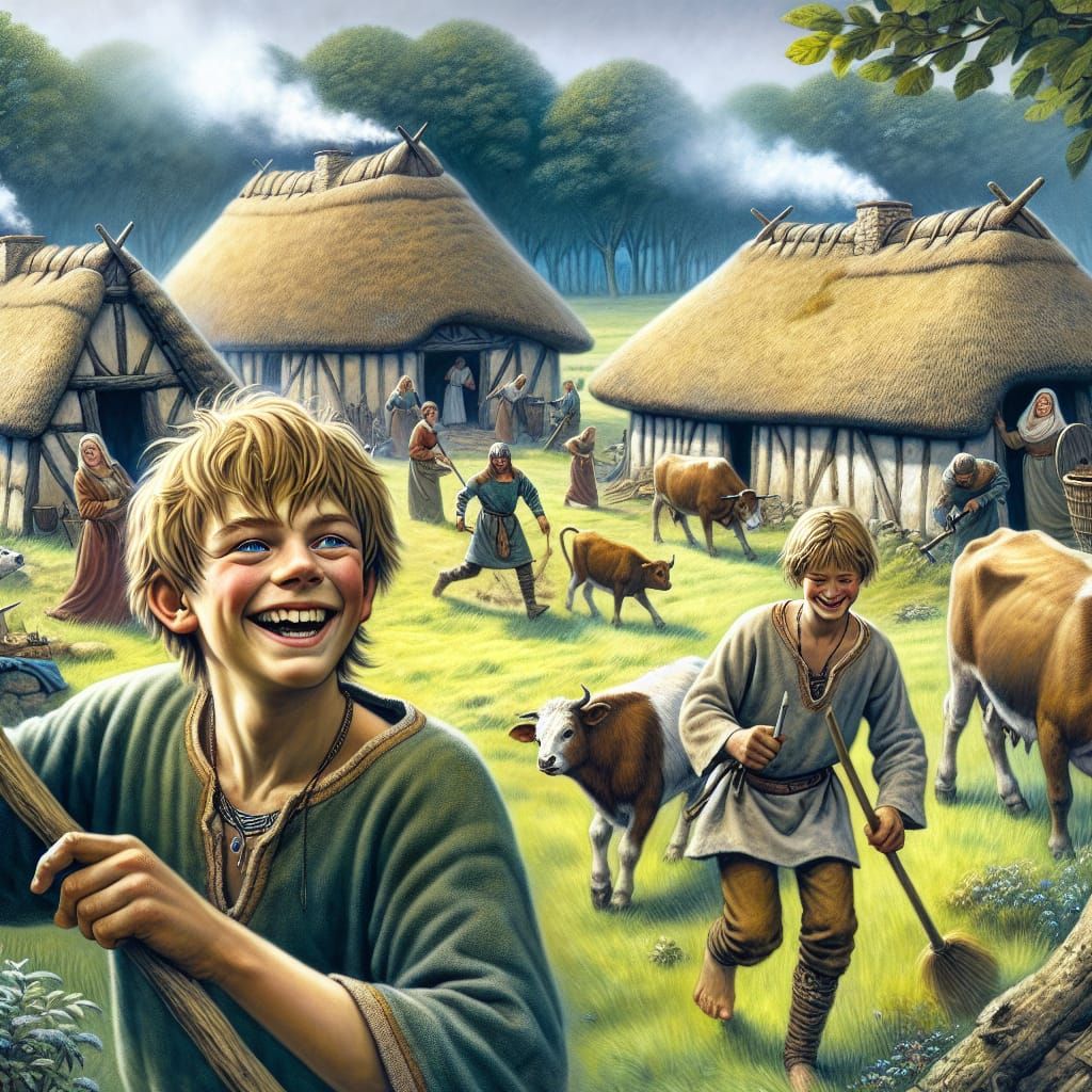 Anglo-Saxon Boy in 9th-Century Village Scene