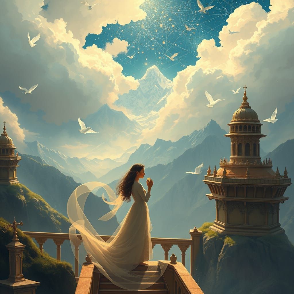 Himalayan Sky-Palace Romance in Guler Style