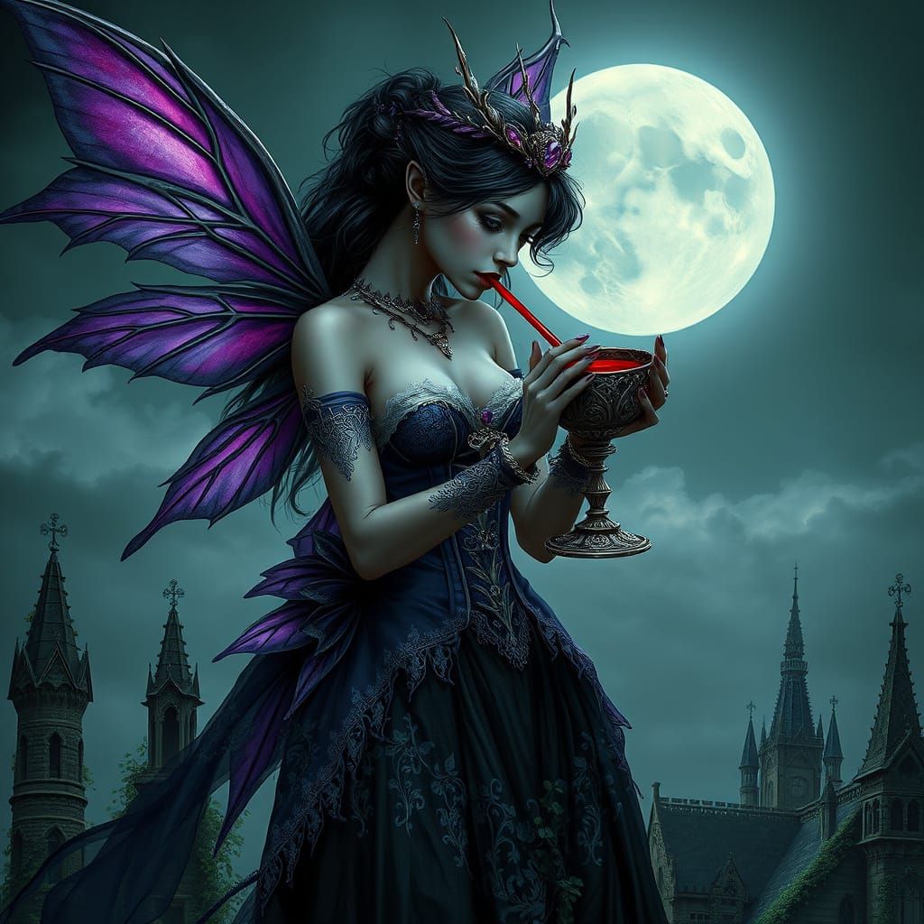 Dark Fairy Sips Blood in Abandoned Mansion Under Full Moon