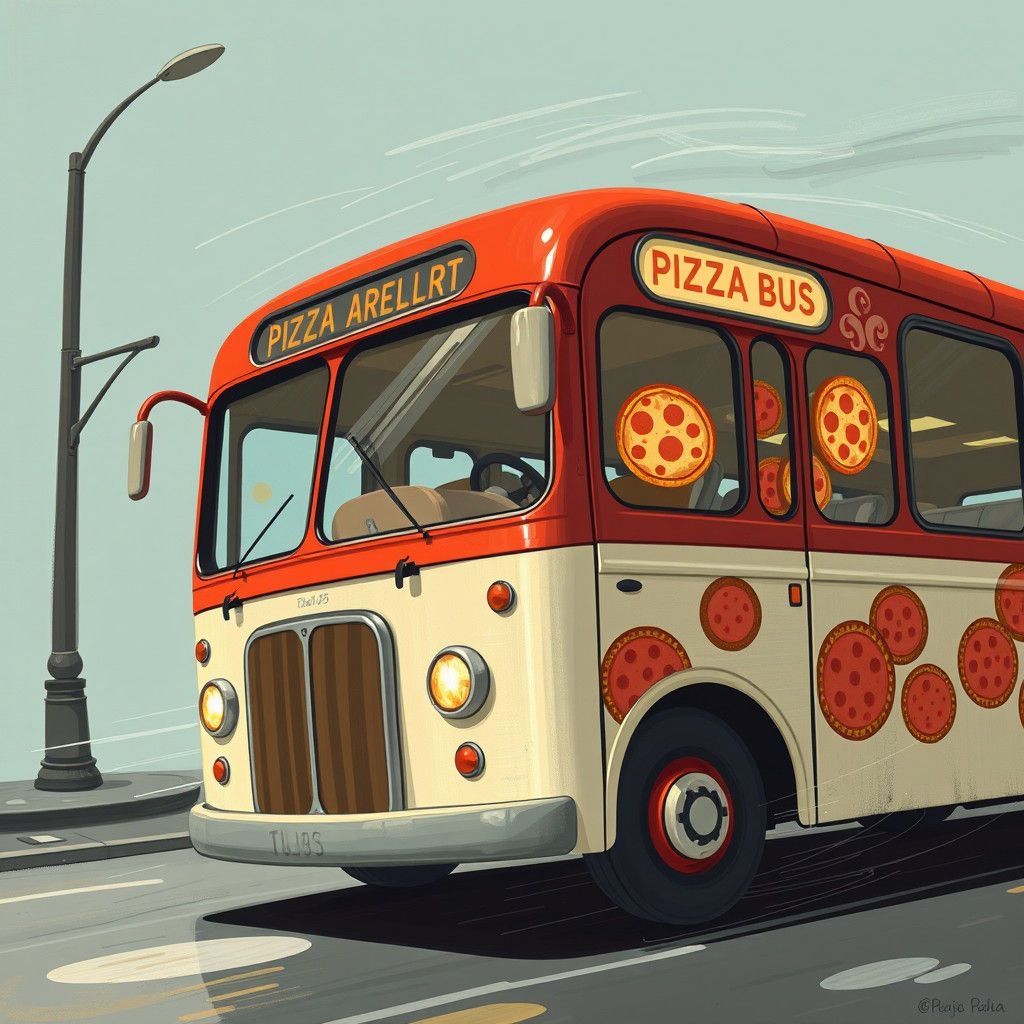Surreal Pizza Bus Inspired by Minimalist Illustration