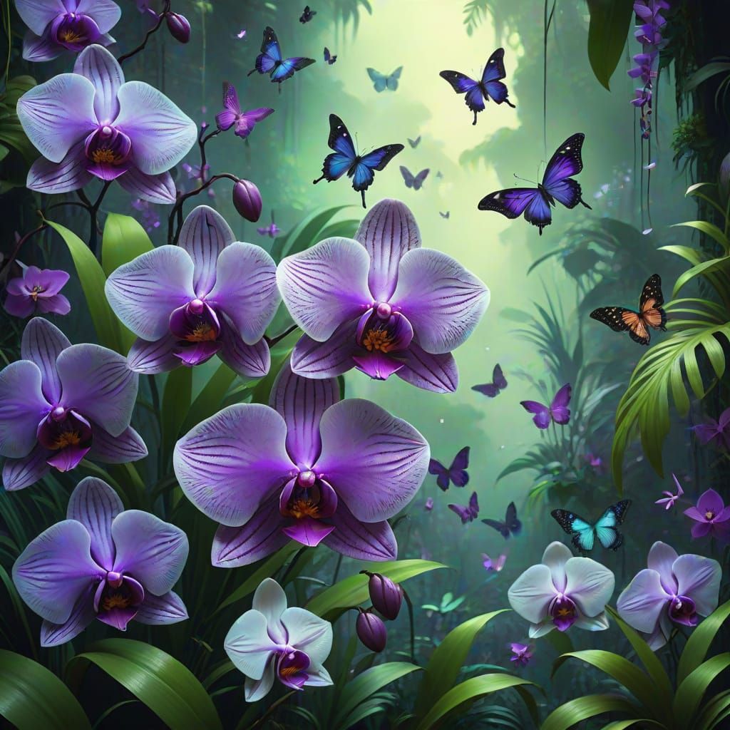 Purple Orchids and Butterflies in Lush Jungle