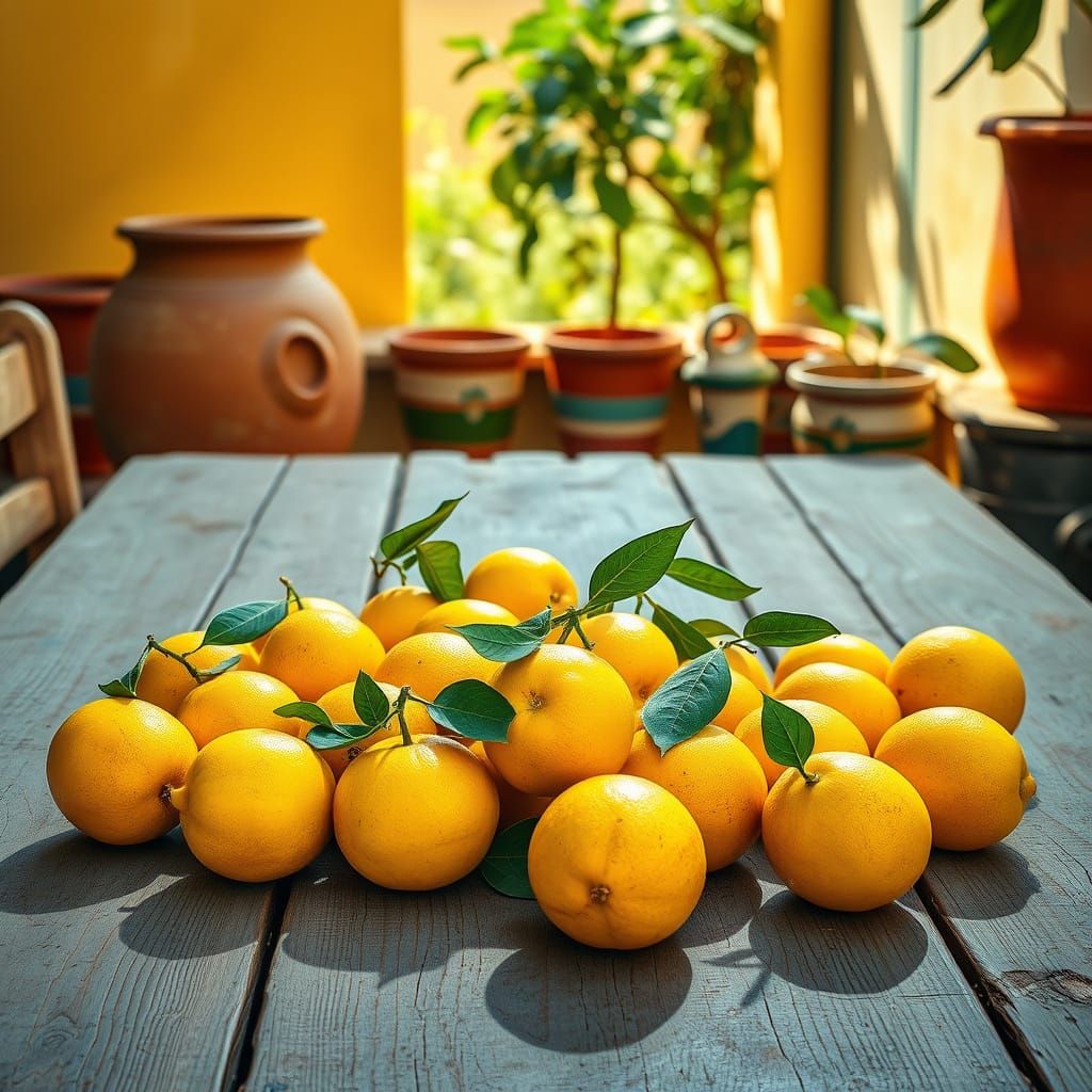 Sunny Mediterranean Still Life with Lemons and Greenery
