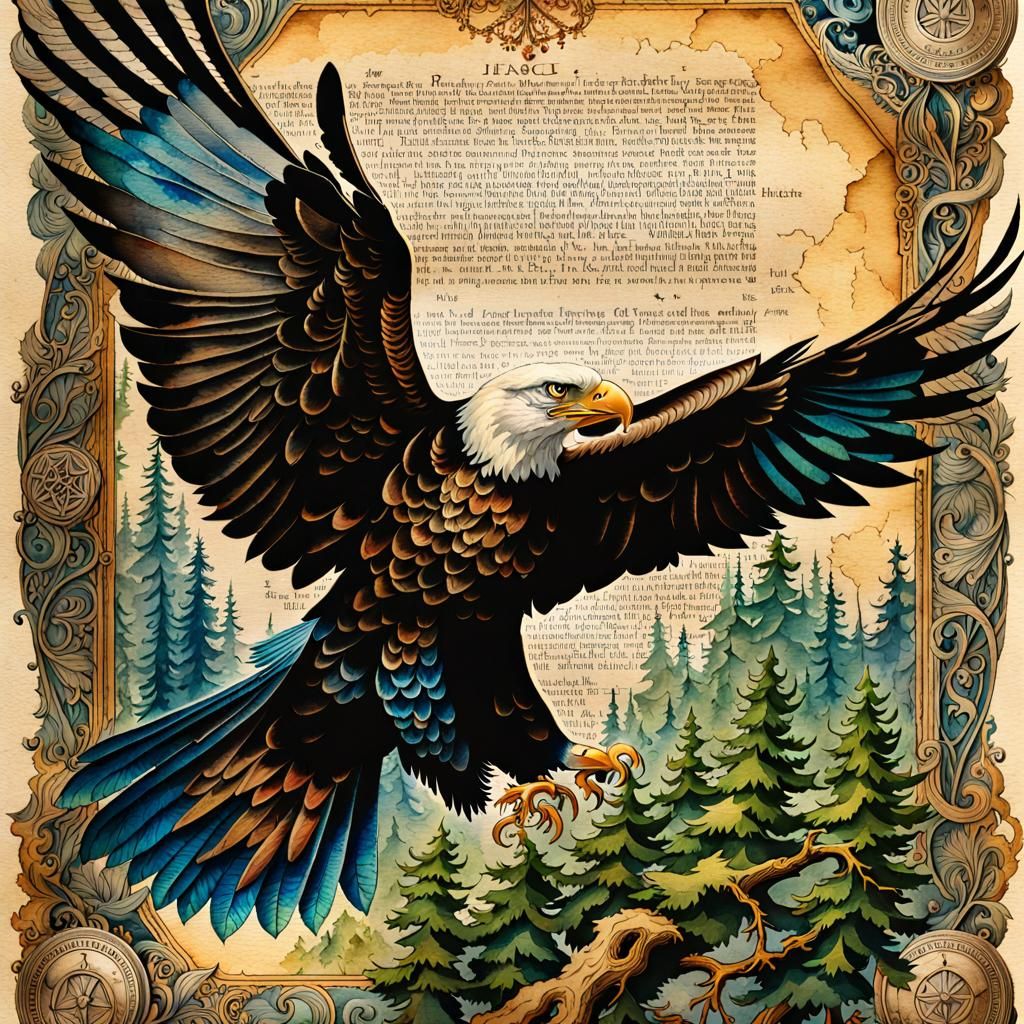 Iridescent Eagle on Antique Watercolor Parchment