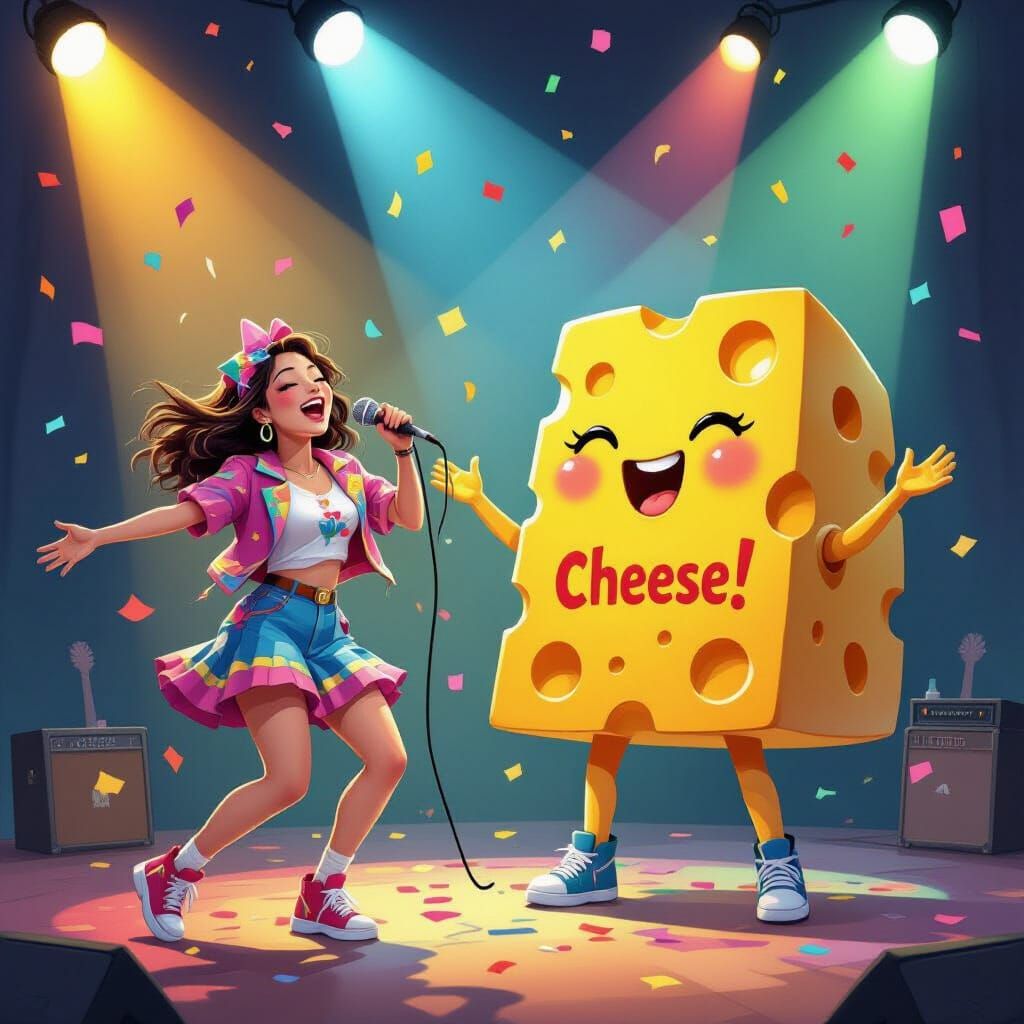 Joyful Dancer and Singing Cheese Wedge in Pop Surrealism Sty...
