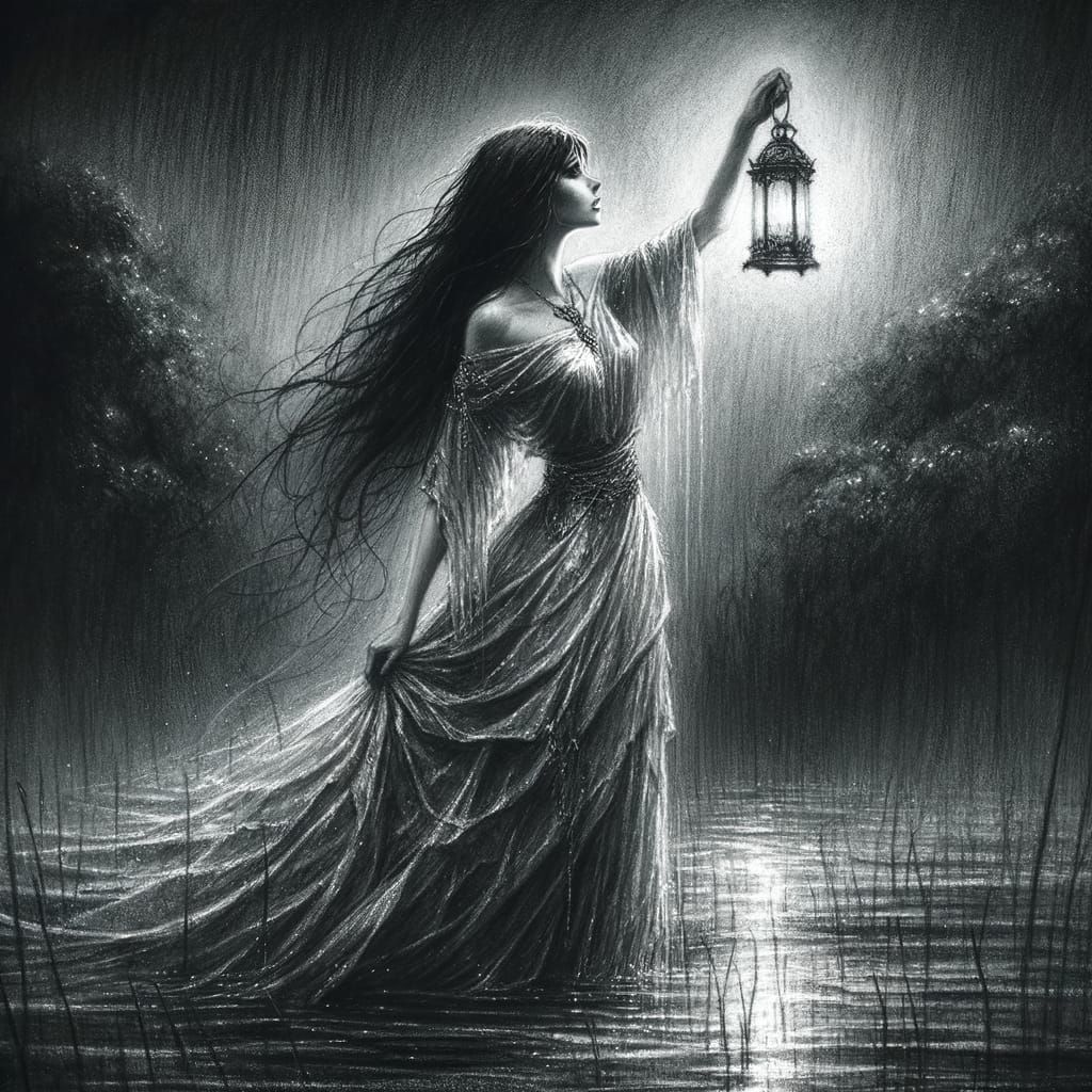Norse Goddess in Dark Marsh, Holding Ominous Lantern