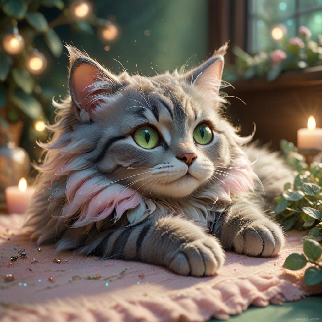 Whimsical Chibi Cat in Enchanting Fantasy Scene