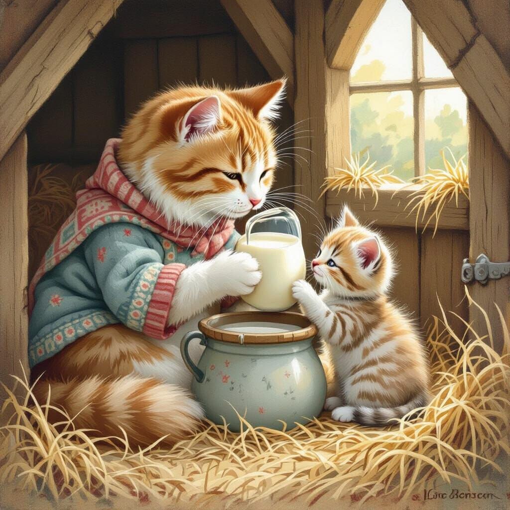 Cat Feeds Kitten: Beatrix Potter-esque Illustration