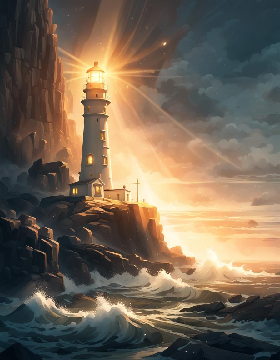 Lighthouse Beacon on Rocky Coastline: Ethereal Concept Art