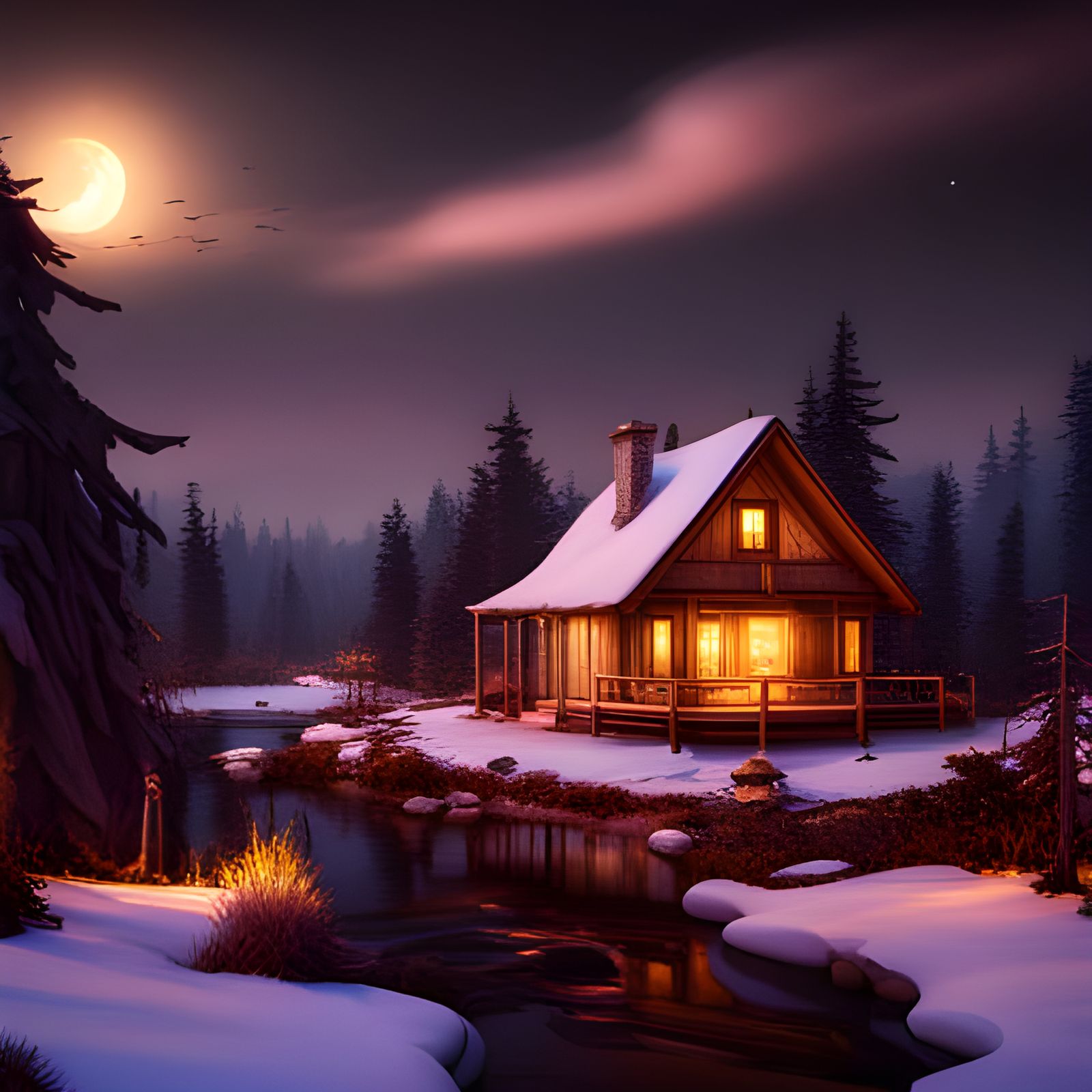 Cozy Cabin in Forest Under Starry Sky
