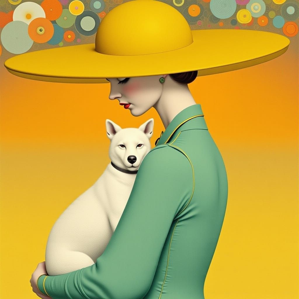 Elegant Lady in Yellow Hat with White Dog