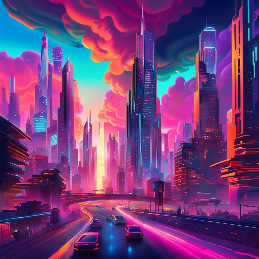 Futuristic Sunset Cityscape with Robot DJ