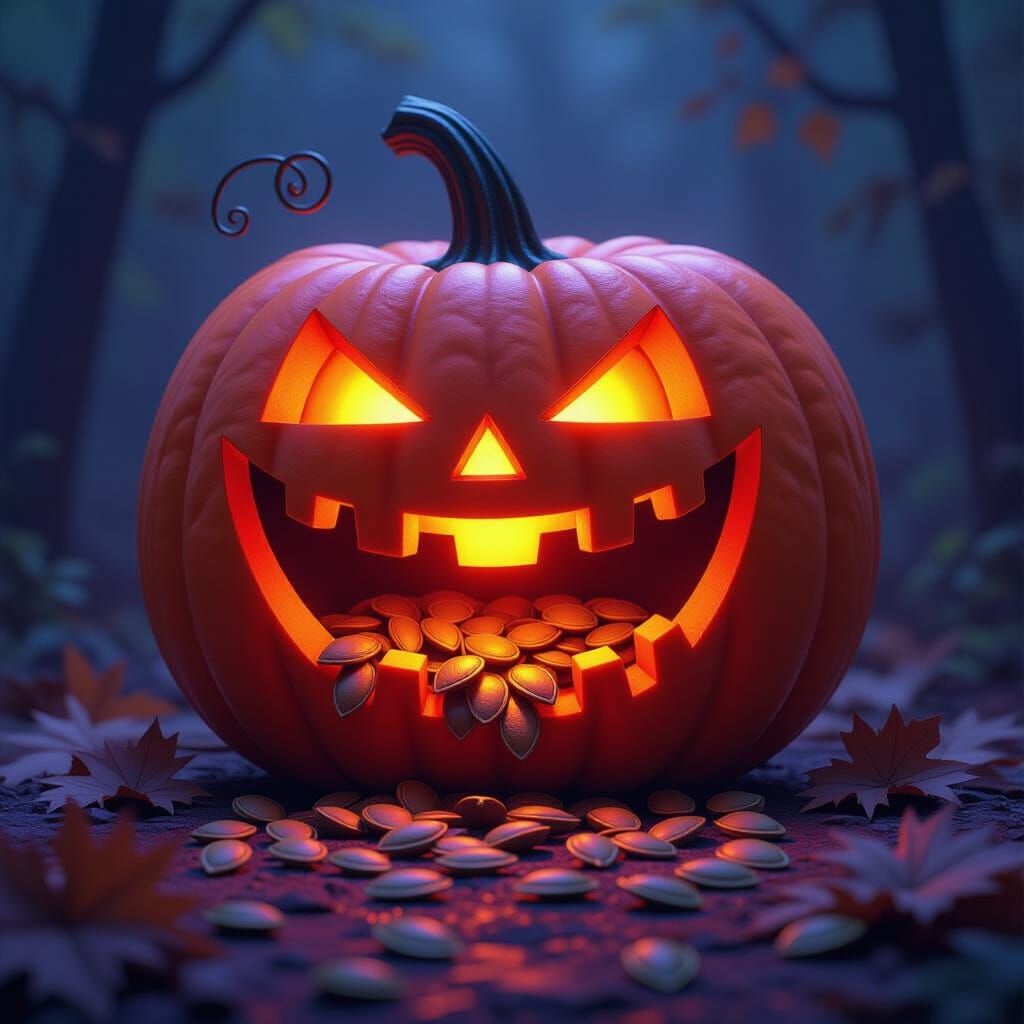 Grinning Pumpkin Devours Seeds in Dark Fantasy Style