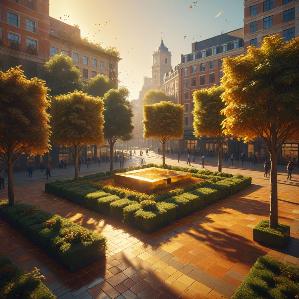 Vibrant Golden City Square in Hyperrealistic Style