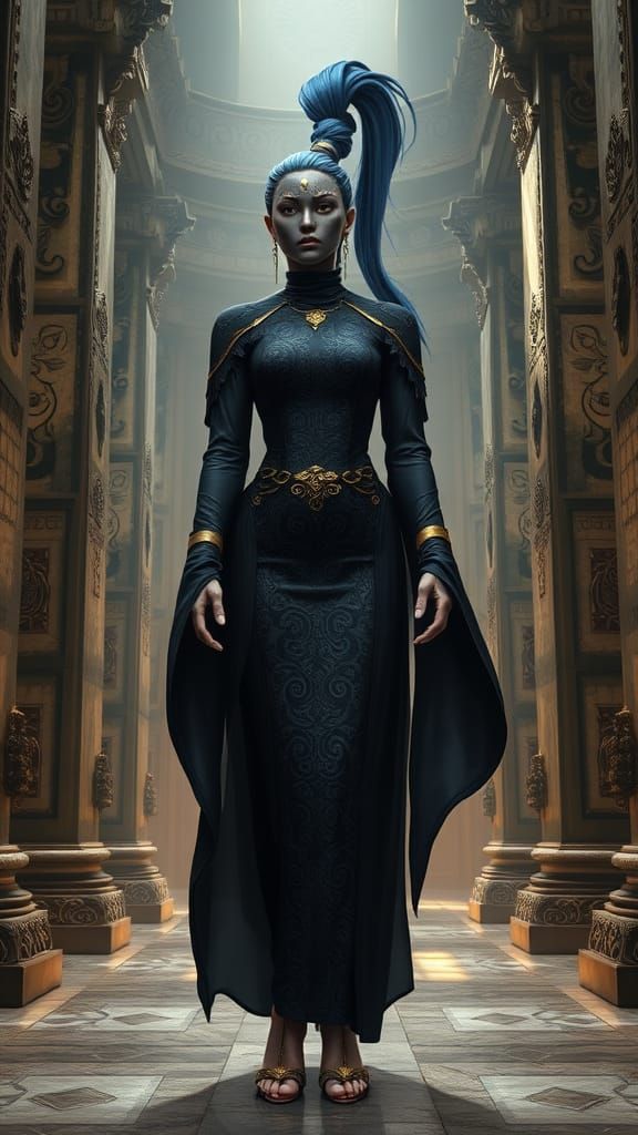 Mysterious Goddess in Elaborate Black Robe and Rubber Mask