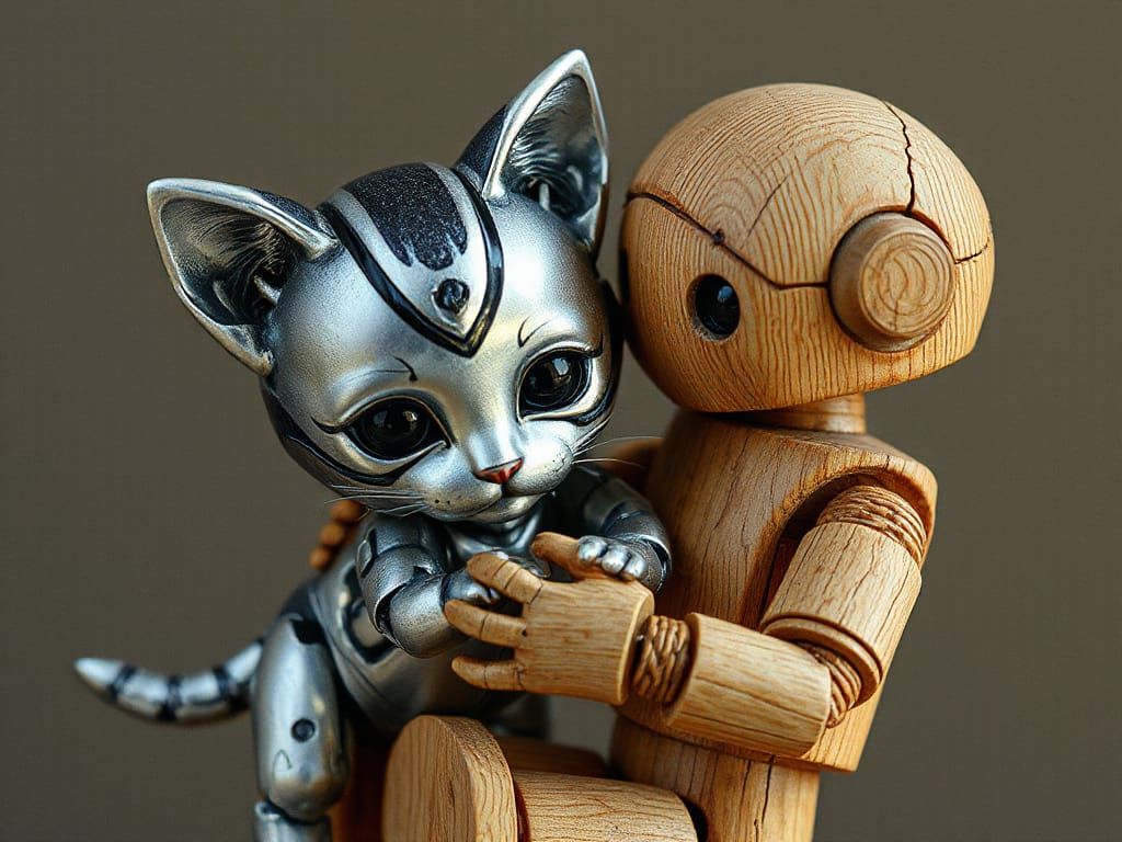 Surreal Robot Cuddles Cute Metal Kitten in Intricate Collage